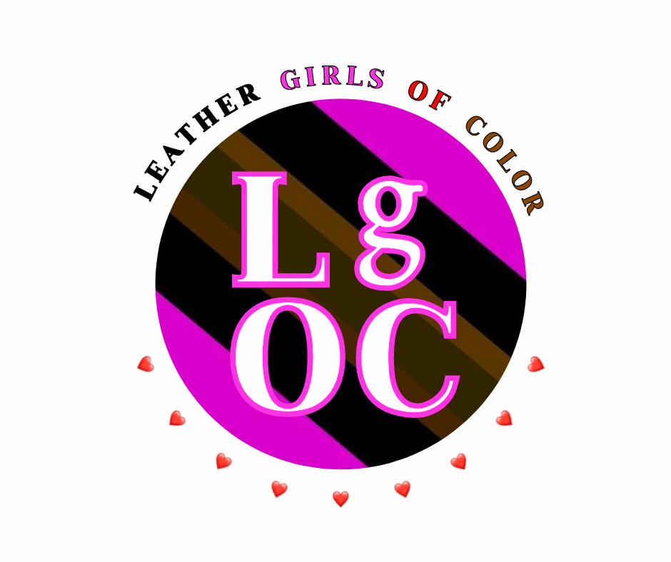 A circular logo graphic with the words 'LEATHER GIRLS OF COLOR' around the outer edge. Inside the circle are alternating diagonal stripes of fuschia, brown, and black. In the center of the circle are the initials 'LgOC' prominently displayed in white letters with a pink outline on top of the striped section.