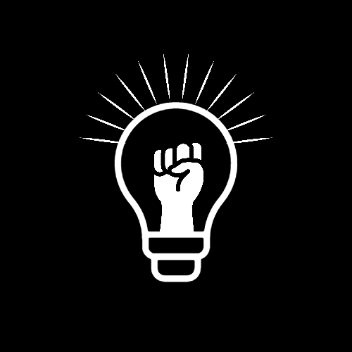 KBtL Logo, black background and white image of a lightbulb with a power fist in the middle