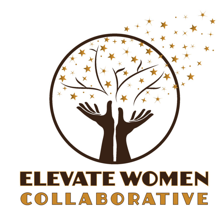 Circle with brown hands reaching upwards towards tree branches and shooting stars. Brown and yellow text reads 'Elevate Women Collaborative'