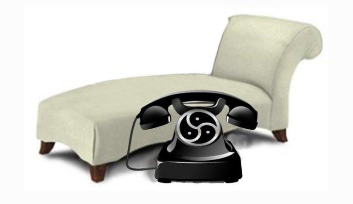 White chaise lounge with a black old-style telephone in front of it. Telephone has a triskelion instead of the number wheel. Orange text underneath that reads 'Gates Counseling Life Positive, Safe, and Welcoming'