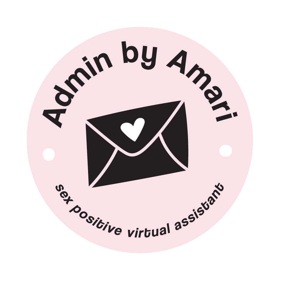 pink background, email in the centre, words read 'admin by amari' 'sex-positive virtual assistant'