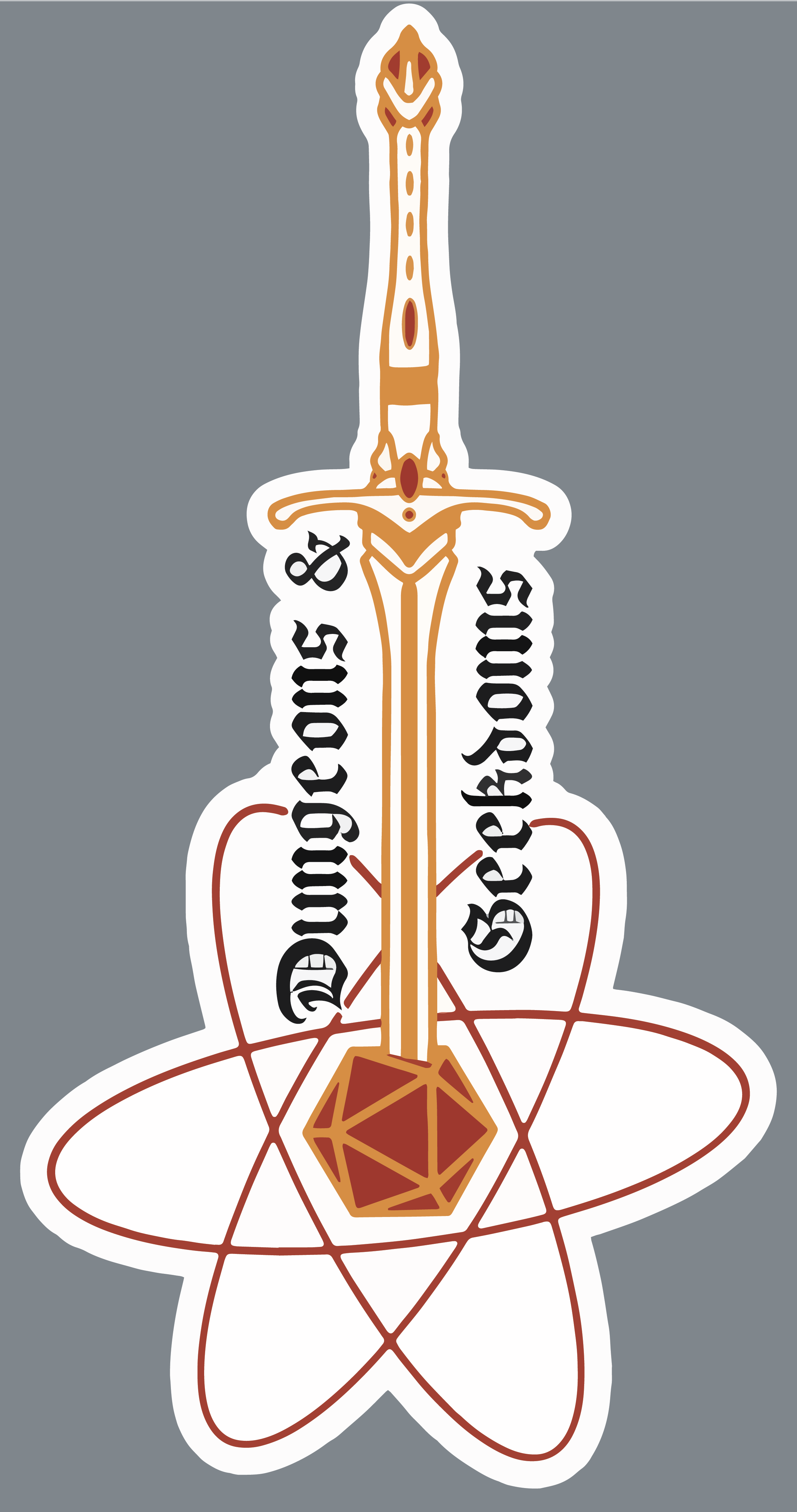 A red, orange, and white sword stabs down into a large atom with a red and orange D20 as the nucleus. The words Dungeons & Geekdoms are written vertically, split by the sword.
Please feel free to alter this