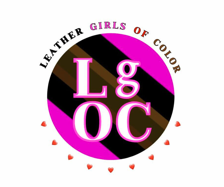 A circular Leather girls Of Color logo featuring the words “LEATHER GIRLS OF COLOR” around the top and a large “LgOC” in white lettering outlined in hot pink at the center. The circle contains diagonal stripes in black, hot pink, and brown, with small red heart icons arranged along the bottom.