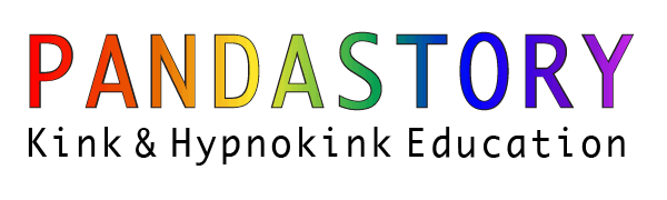 The words “Pandastory - Kink and Hypnokink Education”. The company name Pandastory is in larger text filled in with rainbow gradient, while the rest of the text is underneath Pandastory and is written in smaller black text.