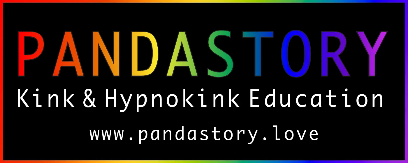 The logo of Pandastory - Kink & Hypnokink Education,  including their website https://www.pandastory.love.  The logo features the word Pandastory in bold text, rainbow colored, the rest of the text is white on a black background, there is a rainbow boarder.