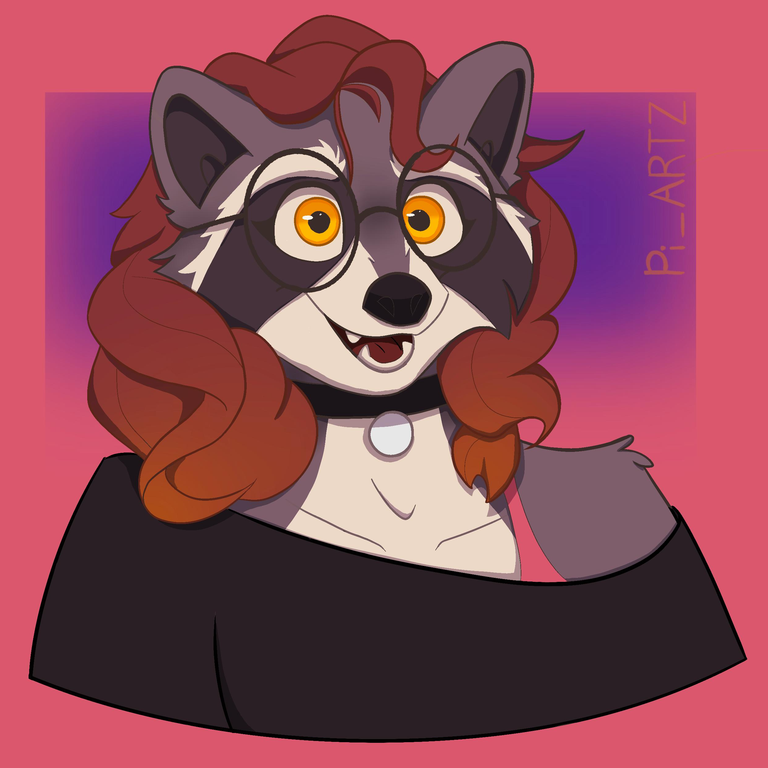 A shoulders up drawing of a happy anthropomorphic racoon wearing glasses. The artist's name of Pi_ARTZ is in the background.