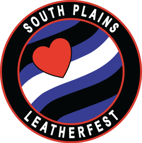 The South Plains Leatherfest logo, featuring a circular design with the leather pride flag in the center and the text 'south plains leatherfest' around the outside.