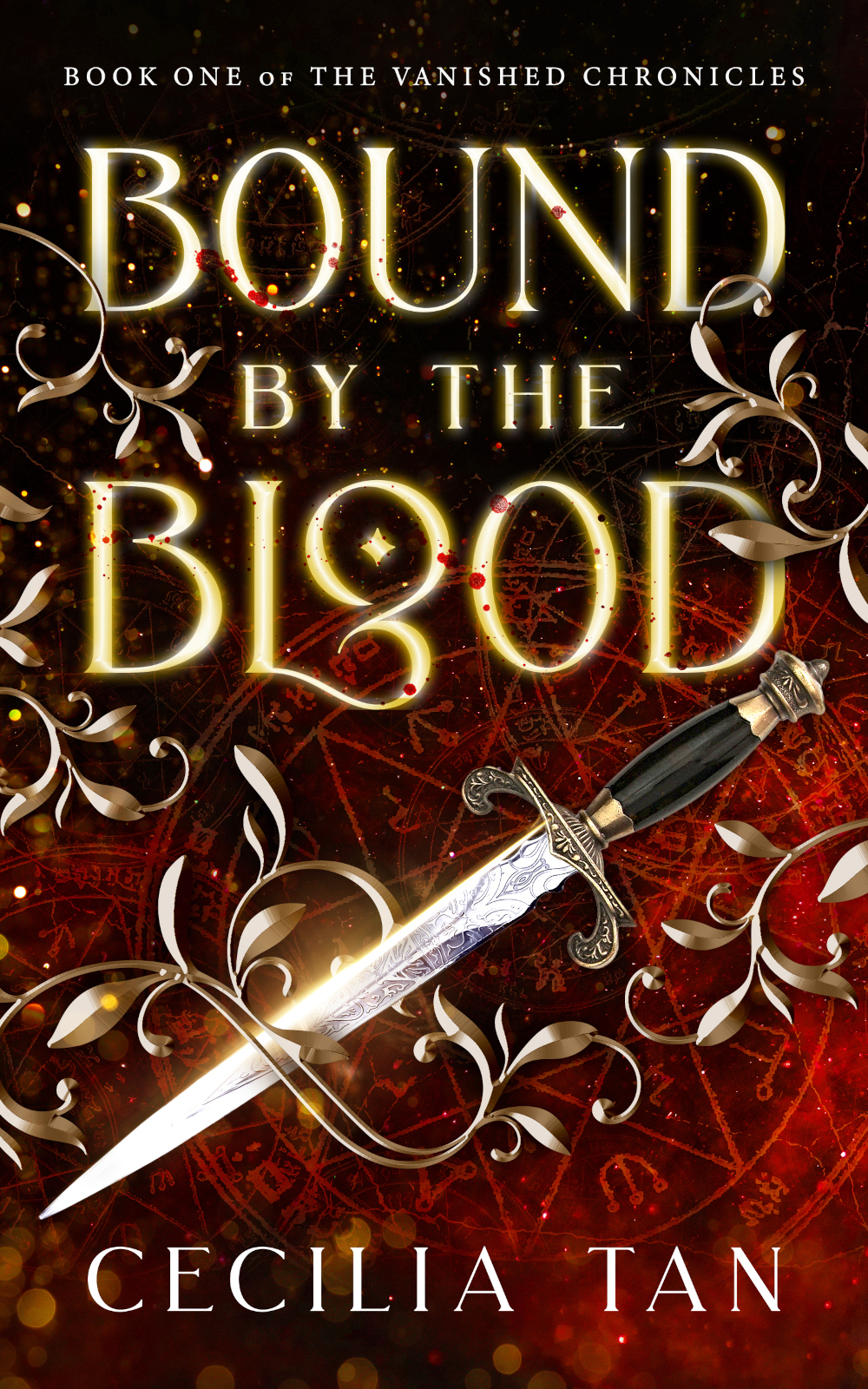 The front cover of a book by Cecilia Tan titled 'Bound by the Blood'. The cover features a stylised dagger in the center, with the text 'Book one of the vanished chronicles' above the title.