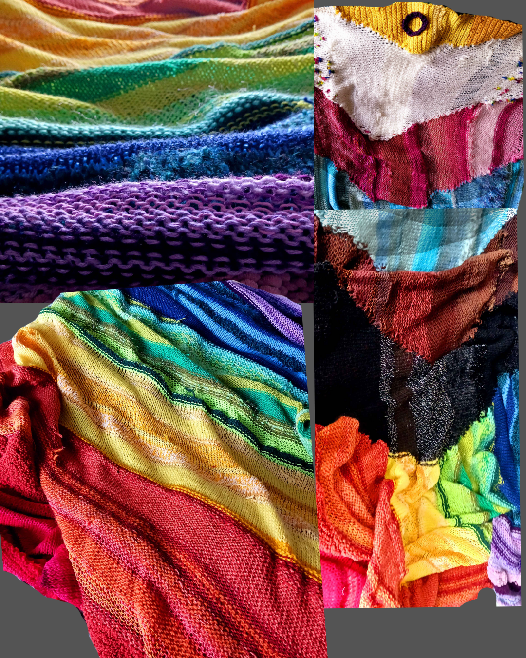 Several closeups of a hand-knitted blanket in the progressive pride flag colors.
