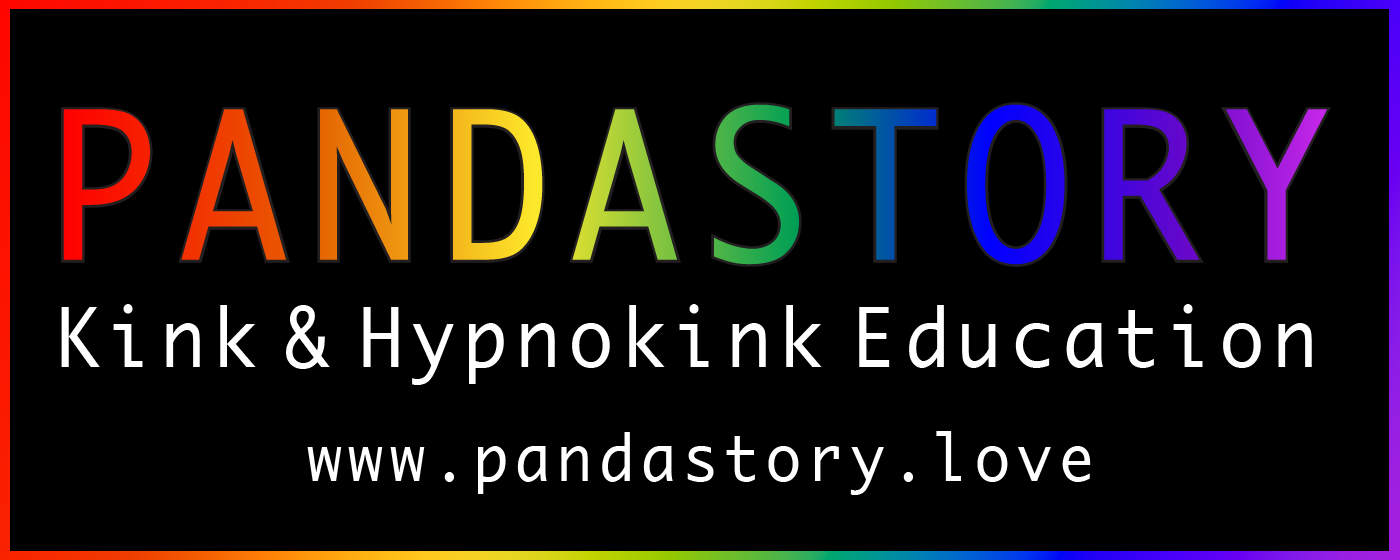 The logo of Pandastory - Kink & Hypnokink Education, including their website https://www.pandastory.love. The logo features the word Pandastory in bold text, rainbow colored, the rest of the text is white on a black background, there is a rainbow border.